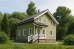 Проект дома «С-122» из СИП-панелей, 122 м² — двухэтажный дом с зелёным фасадом, серой крышей и крыльцом | HotWell.KZ