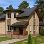 Проект дома «С-123Б» из СИП-панелей, 123 м² — двухэтажный дом с бежевым фасадом, серой крышей и крыльцом | HotWell.KZ