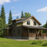 Проект дома «С-123В» из СИП-панелей, 123 м² — двухэтажный дом с коричневым фасадом, серой крышей и террасой | HotWell.KZ