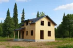 Дом «С-123В», 123 м², 1.5 этажа, в черновой отделке: коробка из СИП-панелей OSB-3, двускатная кровля из металлочерепицы, проёмы без окон и дверей, в проёмах видны сосновые балки перекрытия