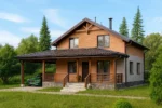 Проект дома «С-126» из СИП-панелей, 126 м² — двухэтажный дом с коричневой крышей и крытой террасой | HotWell.KZ