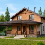 Проект дома «С-126» из СИП-панелей, 126 м² — двухэтажный дом с коричневой крышей и крытой террасой | HotWell.KZ