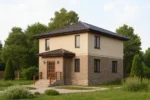 Проект дома «С-134» из СИП-панелей, 134 м² — двухэтажный дом с бежевым фасадом, коричневой крышей и крыльцом | HotWell.KZ