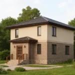 Проект дома «С-134» из СИП-панелей, 134 м² — двухэтажный дом с бежевым фасадом, коричневой крышей и крыльцом | HotWell.KZ