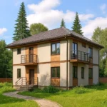 Проект дома «С-137» из СИП-панелей, 137 м² — двухэтажный дом с бежевым фасадом, серой крышей и балконами | HotWell.KZ