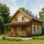 Проект дома «С-138» из СИП-панелей, 138 м² — двухэтажный дом с деревянным фасадом, коричневой крышей и крыльцом | HotWell.KZ