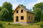 Дом «С-138», 138 м², 1.5 этажа, в черновой отделке: коробка из СИП-панелей OSB-3, двускатная кровля из металлочерепицы, проёмы без окон и дверей, в проёмах видны сосновые балки перекрытия