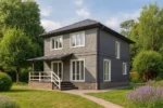 Проект дома «С-140» из СИП-панелей, 140 м² — двухэтажный дом с серым фасадом, черной крышей и террасой | HotWell.KZ