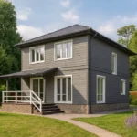 Проект дома «С-140» из СИП-панелей, 140 м² — двухэтажный дом с серым фасадом, черной крышей и террасой | HotWell.KZ