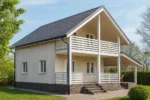 Проект дома «С-140Б» из СИП-панелей, 140 м² — двухэтажный дом с бежевым фасадом, серой крышей и балконом | HotWell.KZ