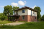 Проект дома «С-147В» из СИП-панелей, 147 м² — двухэтажный дом с белым и кирпичным фасадом, коричневой крышей и террасой | HotWell.KZ