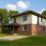 Проект дома «С-147В» из СИП-панелей, 147 м² — двухэтажный дом с белым и кирпичным фасадом, коричневой крышей и террасой | HotWell.KZ