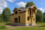 Дом «С-148Б», 148 м², 1.5 этажа, в черновой отделке: коробка из СИП-панелей OSB-3, двускатная кровля из металлочерепицы, проёмы без окон и дверей, в проёмах видны сосновые балки перекрытия