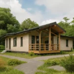 Проект дома «С-150» из СИП-панелей, 150 м² — одноэтажный дом с бежевым фасадом, черной крышей и террасой | HotWell.KZ