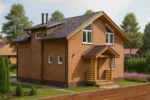 Проект дома «С-150Б» из СИП-панелей, 150 м² — двухэтажный дом с кирпичным фасадом, коричневой крышей и крыльцом | HotWell.KZ