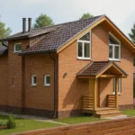 Проект дома «С-150Б» из СИП-панелей, 150 м² — двухэтажный дом с кирпичным фасадом, коричневой крышей и крыльцом | HotWell.KZ