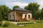 Проект дома «С-150Г» из СИП-панелей, 150 м² — одноэтажный дом с бежевым фасадом, серой крышей и крыльцом | HotWell.KZ