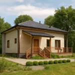 Проект дома «С-150Г» из СИП-панелей, 150 м² — одноэтажный дом с бежевым фасадом, серой крышей и крыльцом | HotWell.KZ