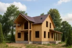 Дом «С-150Г», 150 м², 1.5 этажа, в черновой отделке: коробка из СИП-панелей OSB-3, двускатная кровля из металлочерепицы, проёмы без окон и дверей, в проёмах видны сосновые балки перекрытия