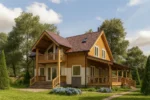 Проект дома «С-150В» из СИП-панелей, 150 м² — двухэтажный дом с деревянным фасадом, коричневой крышей и террасой | HotWell.KZ