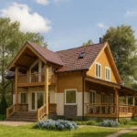 Проект дома «С-150В» из СИП-панелей, 150 м² — двухэтажный дом с деревянным фасадом, коричневой крышей и террасой | HotWell.KZ
