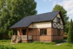 Проект дома «С-152» из СИП-панелей, 152 м² — двухэтажный дом с кирпичным фасадом, черной крышей и крыльцом | HotWell.KZ