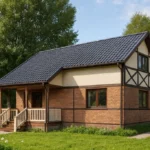 Проект дома «С-152» из СИП-панелей, 152 м² — двухэтажный дом с кирпичным фасадом, черной крышей и крыльцом | HotWell.KZ