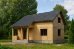Дом «С-152», 152 м², 1.5 этажа, в черновой отделке: коробка из СИП-панелей OSB-3, двускатная кровля из металлочерепицы, проёмы без окон и дверей, в проёмах видны сосновые балки перекрытия