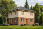 Проект дома «С-153» из СИП-панелей, 153 м² — двухэтажный дом с бежевым фасадом, коричневой крышей и кирпичным цоколем | HotWell.KZ