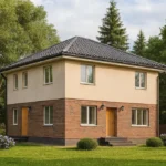 Проект дома «С-153» из СИП-панелей, 153 м² — двухэтажный дом с бежевым фасадом, коричневой крышей и кирпичным цоколем | HotWell.KZ