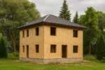 Дом «С-153», 153 м², 2 этажа, в черновой отделке: коробка из СИП-панелей OSB-3, вальмовая кровля из металлочерепицы, проёмы без окон и дверей, в проёмах видны сосновые балки перекрытия