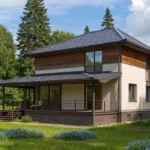 Проект дома «С-153Б» из СИП-панелей, 153 м² — двухэтажный дом с бежевым фасадом, темной крышей и террасой | HotWell.KZ