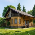 Проект дома «С-154» из СИП-панелей, 154 м² — двухэтажный дом с жёлтым фасадом, коричневой крышей и террасой | HotWell.KZ