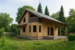 Дом «С-154», 154 м², 1.5 этажа, в черновой отделке: коробка из СИП-панелей OSB-3, двускатная кровля из металлочерепицы, проёмы без окон и дверей, в проёмах видны сосновые балки перекрытия