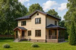 Проект дома «С-160Б» из СИП-панелей, 160 м² — двухэтажный дом с бежевым фасадом, черной крышей и террасой | HotWell.KZ