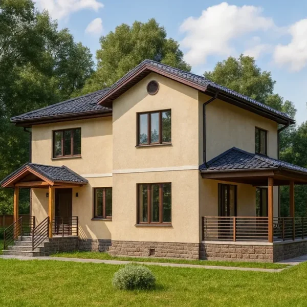 Проект дома «С-160Б» из СИП-панелей, 160 м² — двухэтажный дом с бежевым фасадом, черной крышей и террасой | HotWell.KZ