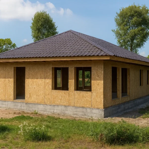 Дом «С-160Б», 160 м², 1 этаж, в черновой отделке: коробка из СИП-панелей OSB-3, вальмовая кровля из металлочерепицы, проёмы без окон и дверей