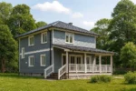 Проект дома «С-160Г» из СИП-панелей, 160 м² — двухэтажный дом с серым фасадом, черной крышей и террасой | HotWell.KZ