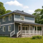 Проект дома «С-160Г» из СИП-панелей, 160 м² — двухэтажный дом с серым фасадом, черной крышей и террасой | HotWell.KZ