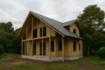 Дом «С-160Г», 160 м², 1.5 этажа, в черновой отделке: коробка из СИП-панелей OSB-3, двускатная кровля из металлочерепицы, проёмы без окон и дверей, в проёмах видны сосновые балки перекрытия