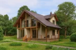 Проект дома «С-160В» из СИП-панелей, 160 м² — двухэтажный дом с бежевым фасадом, коричневой крышей и балконом | HotWell.KZ