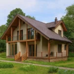 Проект дома «С-160В» из СИП-панелей, 160 м² — двухэтажный дом с бежевым фасадом, коричневой крышей и балконом | HotWell.KZ