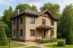 Проект дома «С-162» из СИП-панелей, 162 м² — двухэтажный дом с кирпичным фасадом, коричневой крышей и крыльцом | HotWell.KZ