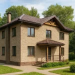 Проект дома «С-162» из СИП-панелей, 162 м² — двухэтажный дом с кирпичным фасадом, коричневой крышей и крыльцом | HotWell.KZ