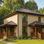 Проект дома «С-163» из СИП-панелей, 163 м² — двухэтажный дом с бежевым фасадом, коричневой крышей и террасой | HotWell.KZ