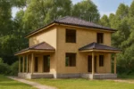 Дом «С-163», 163 м², 2 этажа, в черновой отделке: коробка из СИП-панелей OSB-3, вальмовая кровля из металлочерепицы, проёмы без окон и дверей, в проёмах видны сосновые балки перекрытия