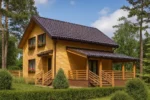 Проект дома «С-165» из СИП-панелей, 165 м² — двухэтажный дом с деревянным фасадом, коричневой крышей и террасой | HotWell.KZ
