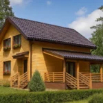 Проект дома «С-165» из СИП-панелей, 165 м² — двухэтажный дом с деревянным фасадом, коричневой крышей и террасой | HotWell.KZ
