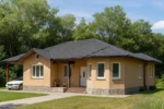 Проект дома «С-166Б» из СИП-панелей, 166 м² — одноэтажный дом с бежевым фасадом, черной крышей и крыльцом | HotWell.KZ