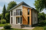 Проект дома «С-169» из СИП-панелей, 169 м² — двухэтажный дом с белым и деревянным фасадом, серой крышей и балконом | HotWell.KZ